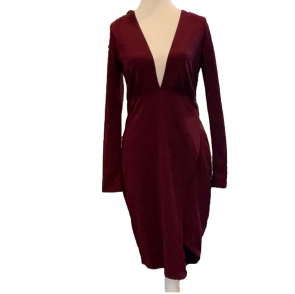 Lulus Deep V Burgundy Long Sleeve Midi Dress – Size M (NWT) - Picture 2 of 7